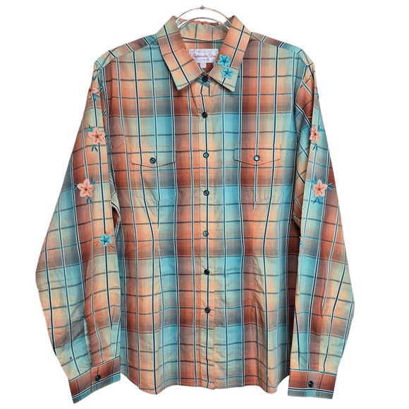 Panhandle Slim Tops - Panhandle Slim Womens L Plaid Floral Appliqué Western‎ Pearl Snap Shirt Top